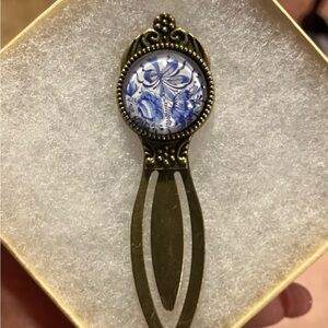 Vintage Style Brass Bookmark with Blue Floral Toile Design